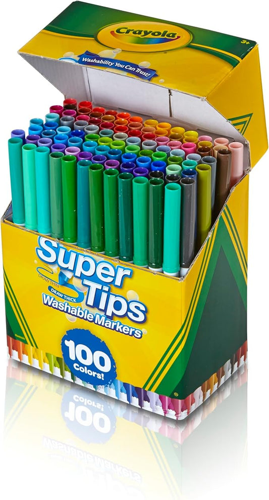 Crayola Juego de rotuladores Super Tips, lavables, colores surtidos, juego de arte para niños, 100 unidades