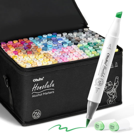 Ohuhu Juego de marcadores Alcohol Art, 216 colores de doble punta y marcador de bocetos de cincel, marcadores de pincel a base de alcohol, viene con 1 licuadora para bocetos, colorear e ilustración, serie Honolulu