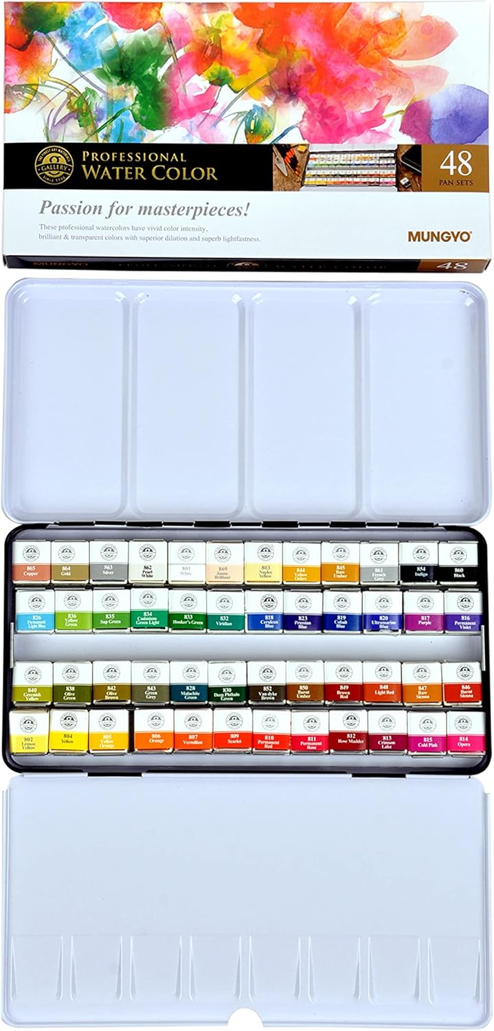 Mungyo Juego de acuarelas profesionales de tamaño medio sartén en estuche de lata/paleta de mezcla integral en la tapa (48 colores)
