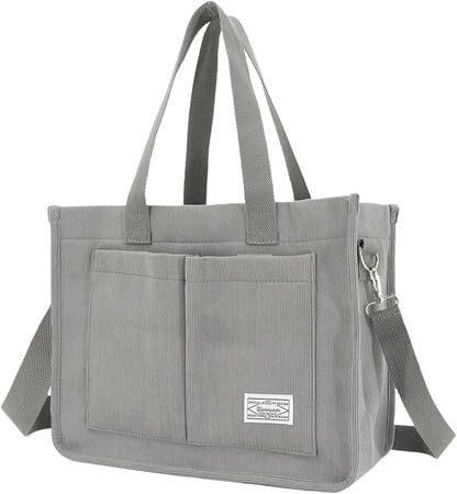 Tote Bag - con bolsillos, bolso cruzado de pana grande para laptop, trabajo, universidad, uso diario, viajes