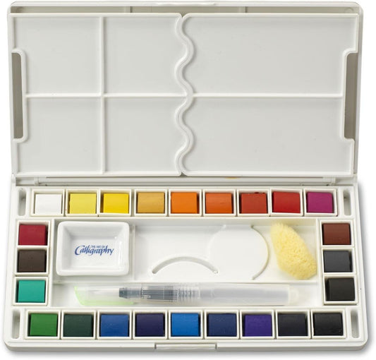 Juego de 24 bolsillos de viaje de acuarelas surtidas, cepillo para agua recargable de calidad con esponja, colores fáciles de mezclar, paleta integrada