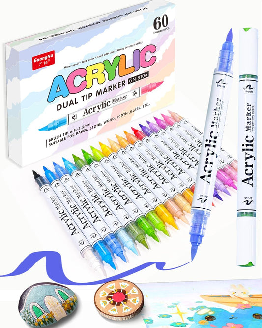 Marcadores de pintura acrílica de doble punta de 60 colores, 30 unidades, 2 colores en 1 con puntas de pincel suaves y doble capacidad de tinta, marcadores de pintura para rocas