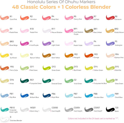 Ohuhu - Punta de pincel para marcadores de alcohol: marcadores artísticos de doble punta de cincel para adultos, colorear, dibujar e ilustrar, Honolulu of Ohuhu de 48 colores, tinta recargable Ohuhu
