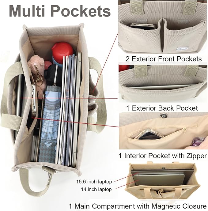 Tote Bag - con bolsillos, bolso cruzado de pana grande para laptop, trabajo, universidad, uso diario, viajes