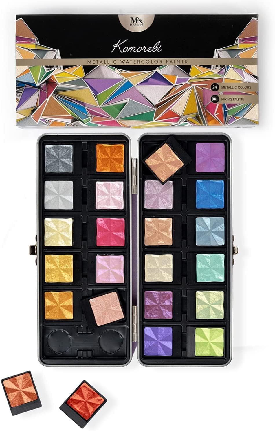 MozArt Supplies Komorebi - Acuarela metálica profesional, juego portátil de 24 colores vivos y de primera calidad. KEEPLIVINGFASTER