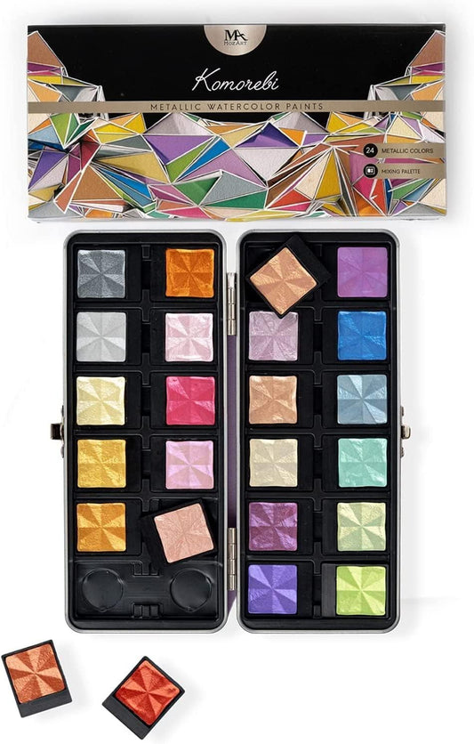 MozArt Supplies Komorebi - Acuarela metálica profesional, juego portátil de 24 colores vivos y de primera calidad. KEEPLIVINGFASTER