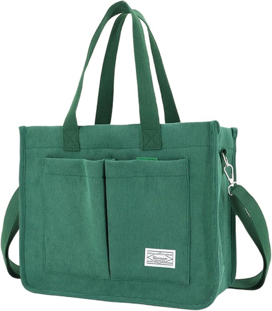 Tote Bag - con bolsillos, bolso cruzado de pana grande para laptop, trabajo, universidad, uso diario, viajes