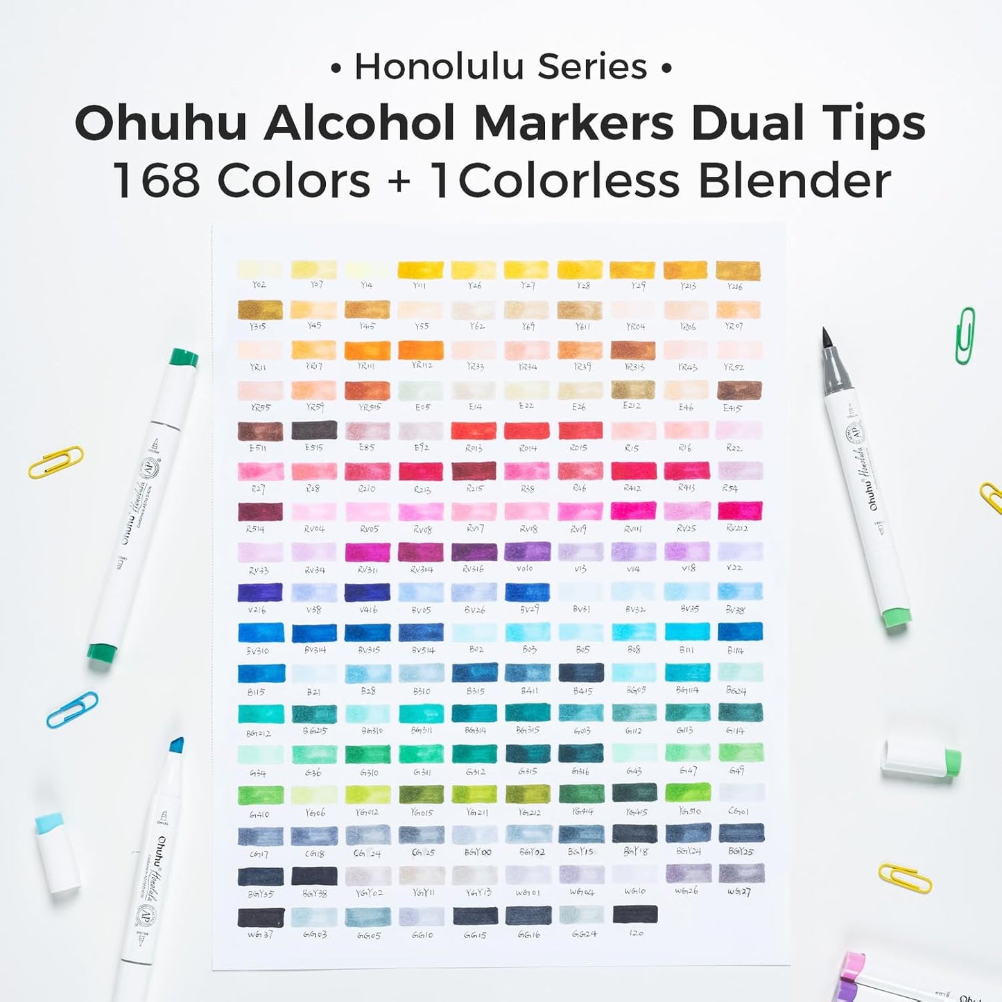 Ohuhu Marcadores de pincel de alcohol, juego de marcadores artísticos de 168 colores, marcadores a base de alcohol de doble punta para colorear artistas adultos, pincel y cincel, viene con 1 blender de marcador de alcohol, serie Honolulu