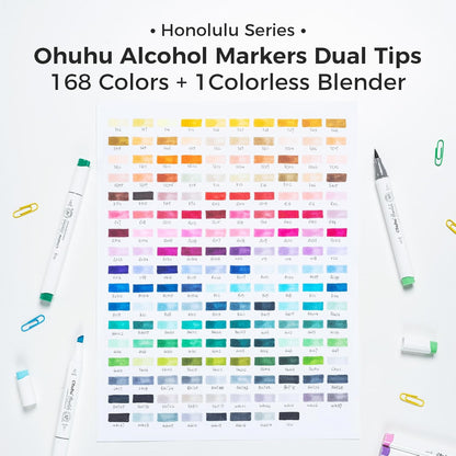 Ohuhu Marcadores de pincel de alcohol, juego de marcadores artísticos de 168 colores, marcadores a base de alcohol de doble punta para colorear artistas adultos, pincel y cincel, viene con 1 blender de marcador de alcohol, serie Honolulu