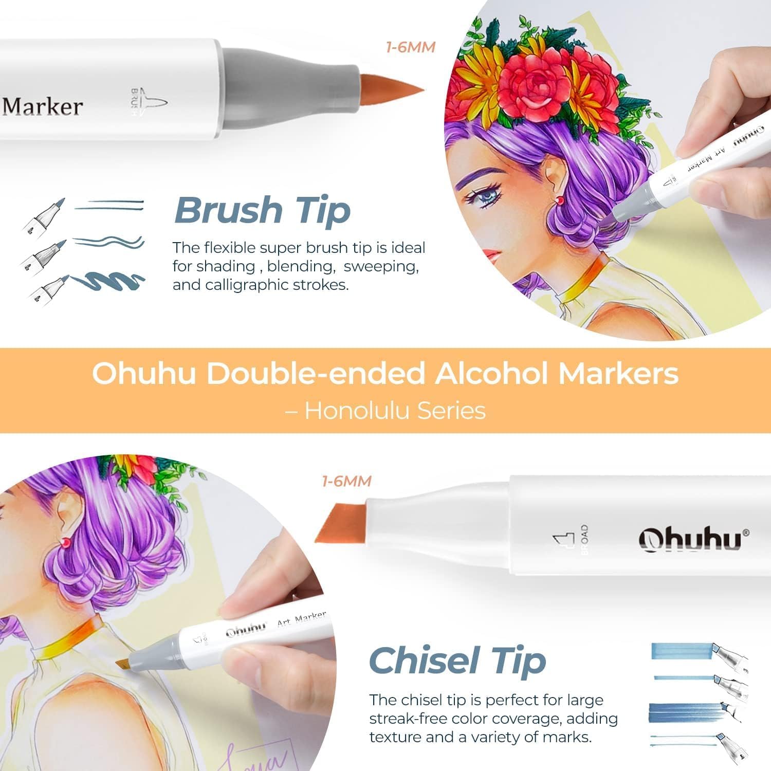 OHUHU marcadores de arte de artista, para colorear e ilustración, 72 colores únicos + 1 mezclador de marcadores de alcohol + estuche para marcador, cincel y punta de pincel. Ohuhuhu