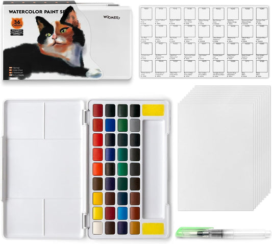 Juego de pintura de acuarela de 36 colores vivos con pincel de agua y 10 papel de acuarela de grado artist, juego de viaje perfecto para artistas, aficionados