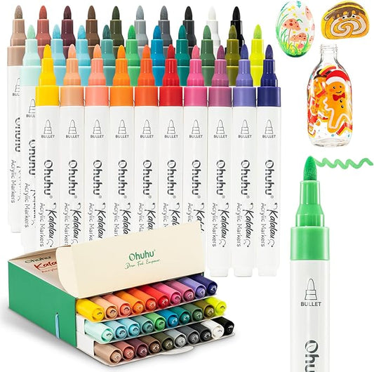 Ohuhu Marcadores de pintura acrílica Punta de bala: 30 colores de alta opacidad Marcadores acrílicos impermeables para pintura de rocas Huevos de Pascua Madera Vidrio Lona Cerámica - Kalalau