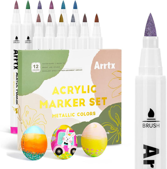 Arrtx Rotuladores metálicos de pintura acrílica de 12 colores para pintura de rocas, punta extrafina, marcadores metálicos para pintura de roca, cerámica, vidrio, lienzo, taza, madera