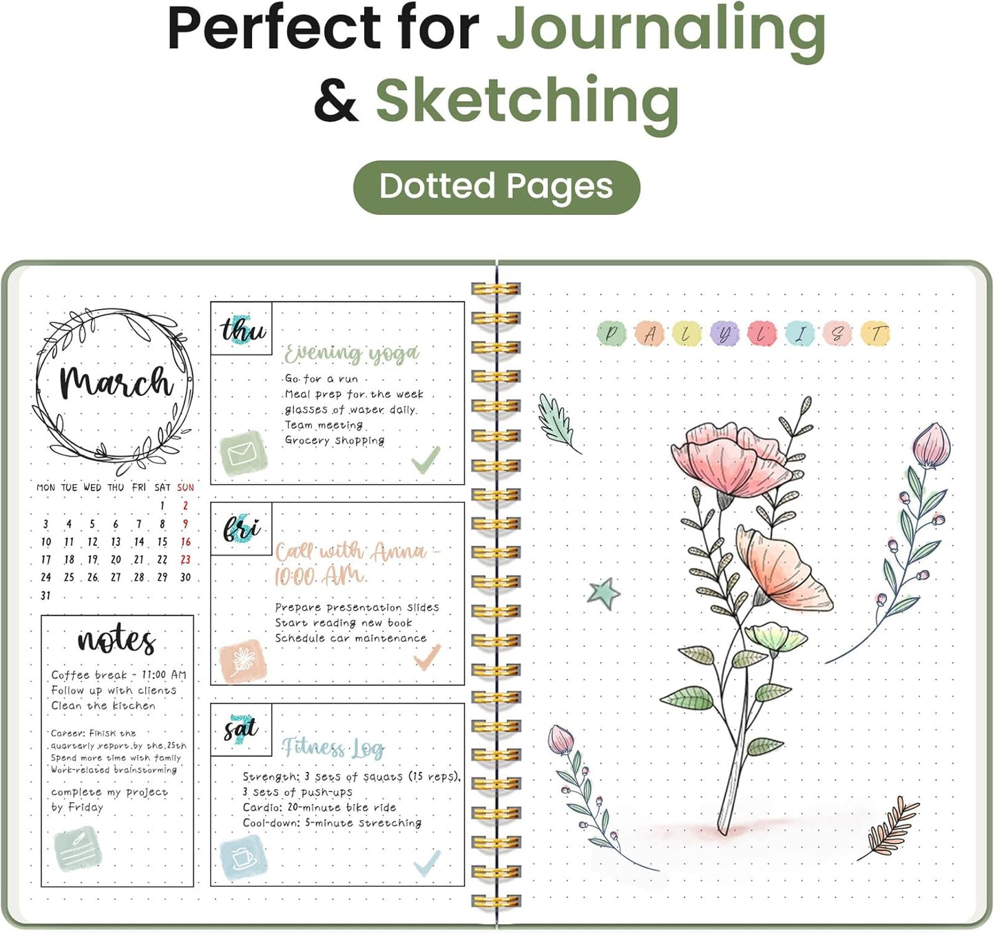 Cuaderno de espiral punteado para mujeres y hombres, 140 páginas, cuaderno de puntos para diario y toma de notas, diarios para escribir, A5 (6 x 8 pulgadas), verde
