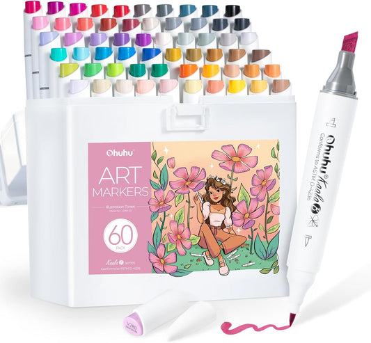 Ohuhu Marcadores de alcohol: mini pincel y delgado ancho, 60 colores de ilustración, punta de pincel de doble punta, marcador de arte a base de alcohol para artistas, adultos, ilustración