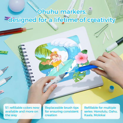 Ohuhu - Punta de pincel para marcadores de alcohol: marcadores artísticos de doble punta de cincel para adultos, colorear, dibujar e ilustrar, Honolulu of Ohuhu de 48 colores, tinta recargable Ohuhu