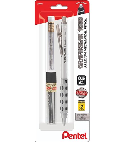 Pentel GraphGear 1000 - Lápiz de dibujo mecánico automático de 0.020 in, incluye recambios de plomo y borrador, agarre metálico cincelado con almohadillas suaves