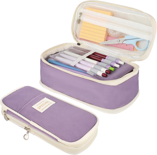 Estuche para lápices grande con cremallera, estuche de gran capacidad con compartimentos, bonita bolsa para lápices para niños, adolescentes, niños, niñas, adultos (morado)