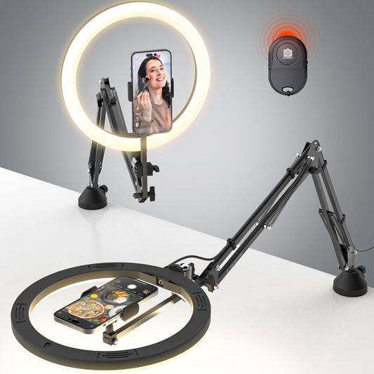 Anillo de luz superior para teléfono, anillo de luz LED circular de 12 pulgadas con abrazadera para grabación de video, soporte articulado flexible para teléfono, compatible con iPhone