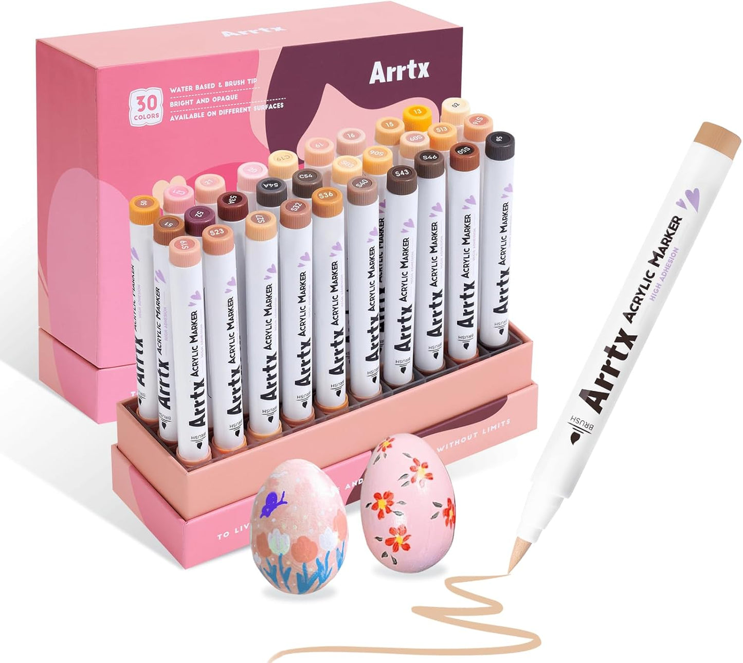 Arrtx Bolígrafos de pintura acrílica de 30 colores de piel, marcadores de pintura para artistas y adultos, punta de pincel para colorear para pintura roca, madera, lienzo, manualidades, manualidades