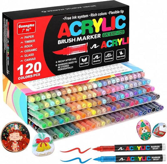 RESERVA - Marcadores de pintura acrílica de 120 colores, bolígrafos y marcadores de punta de pincel suave, bolígrafos de pintura acrílica para madera, piedra, lienzo, vidrio, tela, huevo, pintura