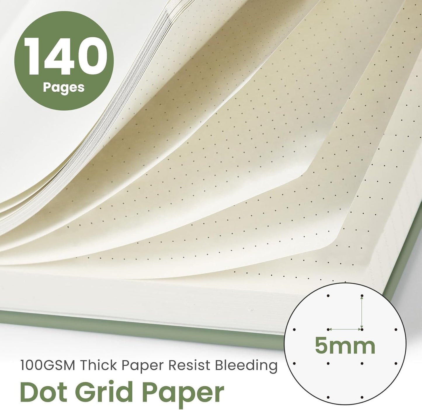Cuaderno de espiral punteado para mujeres y hombres, 140 páginas, cuaderno de puntos para diario y toma de notas, diarios para escribir, A5 (6 x 8 pulgadas), verde