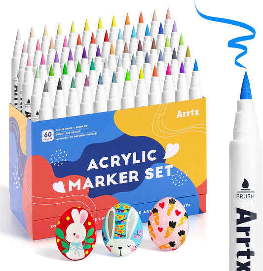 Arrtx Bolígrafos de pintura acrílica de 60 colores, rotuladores de pintura, punta de pincel para pintura roca, madera, lienzo, piedra, cerámica, suministros de arte para manualidades, con neón,