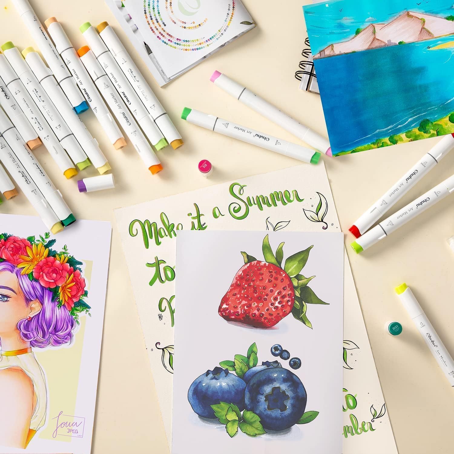 OHUHU marcadores de arte de artista, para colorear e ilustración, 72 colores únicos + 1 mezclador de marcadores de alcohol + estuche para marcador, cincel y punta de pincel. Ohuhuhu