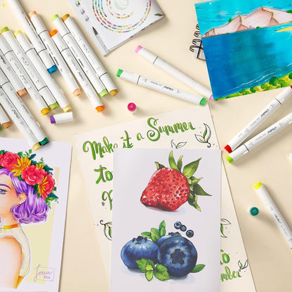 OHUHU marcadores de arte de artista, para colorear e ilustración, 72 colores únicos + 1 mezclador de marcadores de alcohol + estuche para marcador, cincel y punta de pincel. Ohuhuhu
