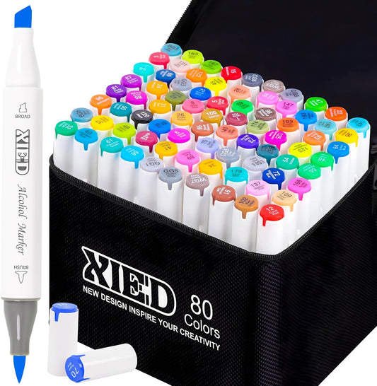 Marcadores de alcohol, juego de 80 colores con punta de cincel y pincel para colorear, juego de marcadores de doble punta para colorear o dibujar para artistas y adultos