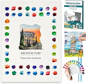 Libro de trabajo de acuarela y libro para colorear con acuarelas, 13 páginas de papel de 300 GSM, juego de pintura de acuarela de 26 colores con pincel y bolsa de almacenamiento, libro para colorear