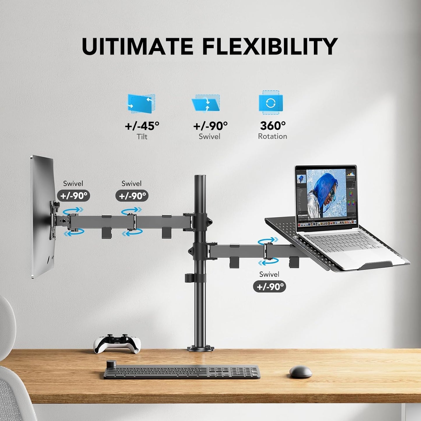 Soporte de monitor ajustable, soporte de escritorio de un solo brazo para pantalla de 32 pulgadas y portátil de 17 pulgadas, soporte ergonómico resistente con capacidad para 22 libras