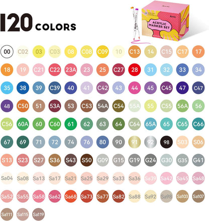 Arrtx Marcadores de 120 colores, bolígrafos de pintura acrílica para artistas, adultos, dibujo de dibujos animados, cómic, anime, punta de pincel para pintura roca, madera, lienzo, manualidades