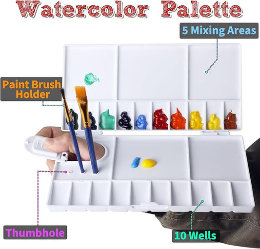 Paleta de acuarela con 20 pozos y 5 áreas de mezcla, bandeja de pintura plegable con tapa, paleta de pintura de plástico para niños, principiantes, artistas