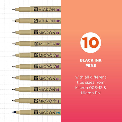 SAKURA Pigma Micron Fineliner - Bolígrafos de tinta negra de archivo, varios tamaños de puntas, paquete de 10 unidades KEEPLIVINGFASTER