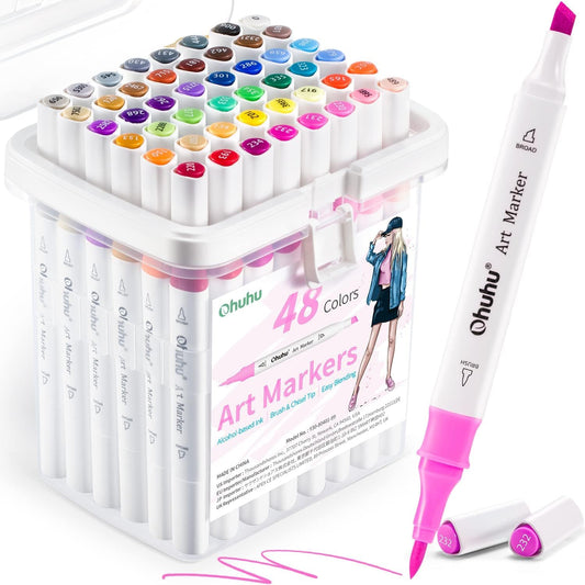 Ohuhu Marcadores: 48-Color doble punta pincel y cincel marcadores de alcohol para adultos Ilustración para colorear, juego de marcadores de arte a base de alcohol con agarre de diseño único, paquete