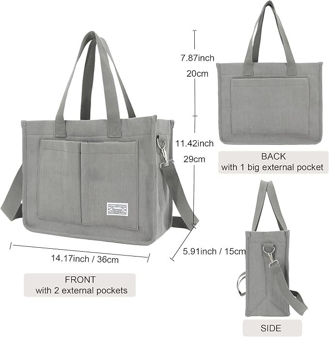 Tote Bag - con bolsillos, bolso cruzado de pana grande para laptop, trabajo, universidad, uso diario, viajes