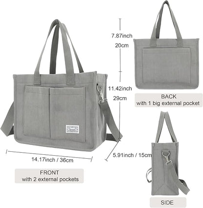 Tote Bag - con bolsillos, bolso cruzado de pana grande para laptop, trabajo, universidad, uso diario, viajes