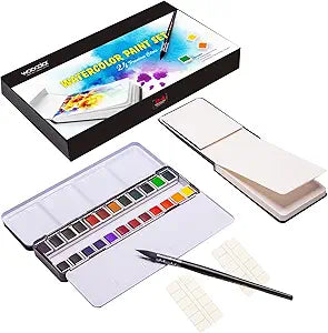 Juego de pintura de acuarela con 24 acuarelas de colores vivos, pincel para artistas, libro de bocetos, kits de acuarela de viaje portátiles para artistas