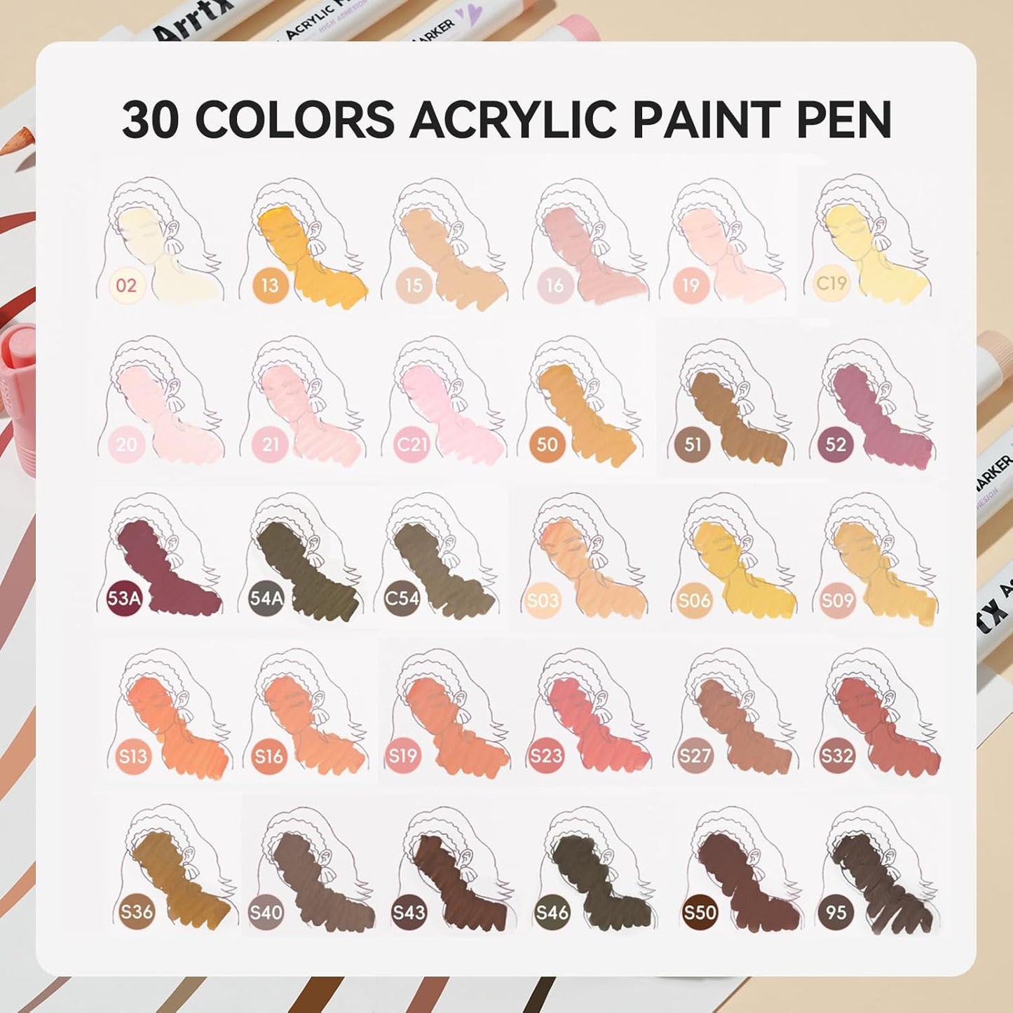 Arrtx Bolígrafos de pintura acrílica de 30 colores de piel, marcadores de pintura para artistas y adultos, punta de pincel para colorear para pintura roca, madera, lienzo, manualidades, manualidades