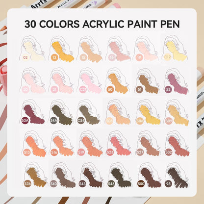 Arrtx Bolígrafos de pintura acrílica de 30 colores de piel, marcadores de pintura para artistas y adultos, punta de pincel para colorear para pintura roca, madera, lienzo, manualidades, manualidades