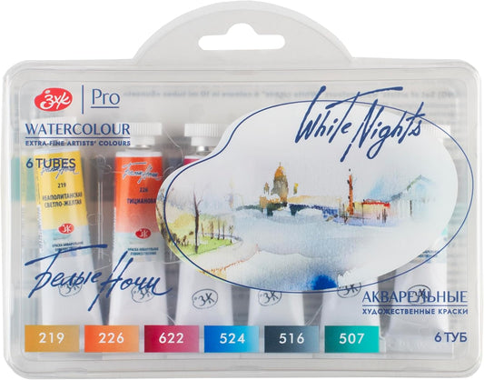 White Nights Nevskaya Palitra - Juego de acuarelas profesionales de grado extra fino para artistas, 6 x 0.3 fl oz en correx de plástico (juego de atardecer)