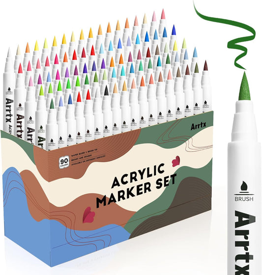 Arrtx Marcadores de pintura de 90 colores, bolígrafos de pintura acrílica para artistas y adultos, para colorear y dibujar, punta de pincel extra para pintura de rocas, madera, lienzo, manualidades