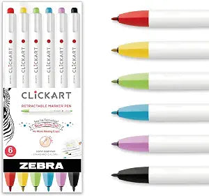 Zebra Pen Click Art - Rotulador retráctil, punta fina, 0.024 pulgadas (0.6mm), colores surtidos, paquete de 6