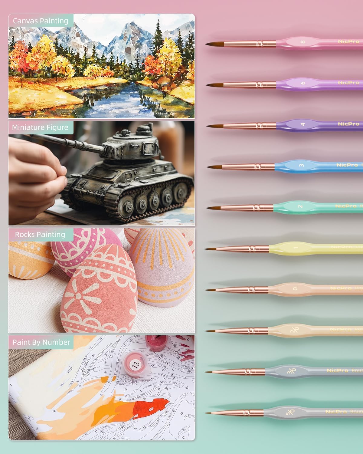 Nicpro Juego de 10 pinceles de pintura microfina, pastel macarrón, pequeño, miniatura, punta fina, kit de pinceles para acuarelas al óleo acrílico, manualidades, modelos, miniaturas, pintura rupestre,