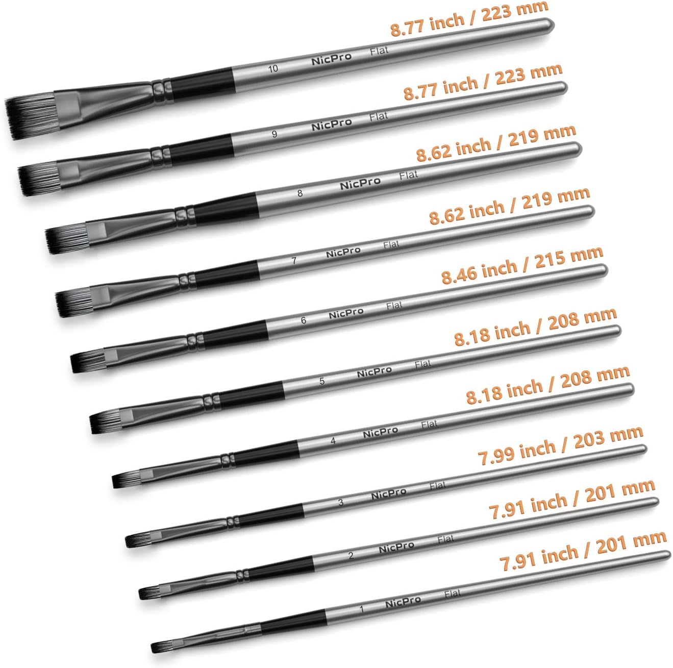 Nicpro Juego de 10 pinceles planos para pintura artística, pinceles para acuarela acrílica, óleo, gouache, detalles de manualidades, pintura facial, cuerpo, kit de artista para niños y adultos