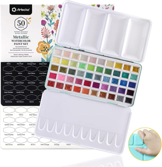 Pinturas de acuarela metálicas, juego de 50 pinturas de acuarela con purpurina, pintura de colores de agua para adultos con anillo inferior para una fácil sujeción, ideal para aficionados
