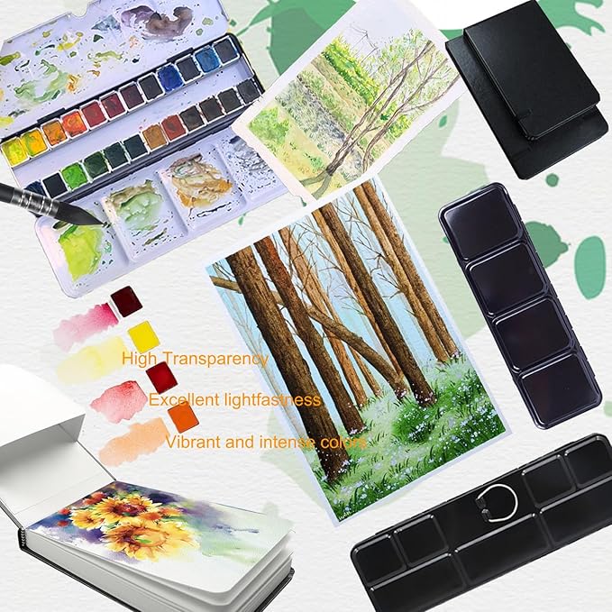 Juego de pintura de acuarela con 24 acuarelas de colores vivos, pincel para artistas, libro de bocetos, kits de acuarela de viaje portátiles para artistas