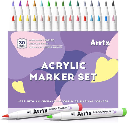 Arrtx - Marcadores de pintura acrílica 30A, marcadores acrílicos con punta de pincel para pintar rocas, madera, cerámica, vidrio, lienzo, metal, plástico, tela, piedra y proyectos de bricolaje