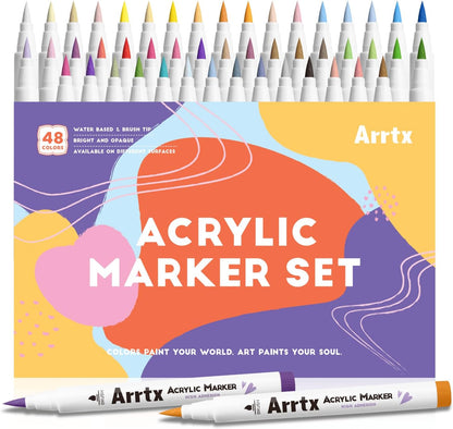 Arrtx - Marcadores acrílicos de 48 colores (110F) , punta de pincel para pintar rocas, vidrio, piedra, madera, cerámica, tela, proyectos de bricolaje y suministros de arte